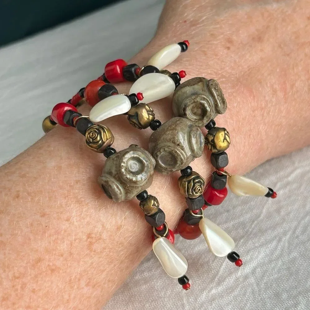 Ceramic Glass and Shell Beaded Memory Wire Bracelet